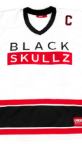 mens white hockey jersey with black and red stripes and logo