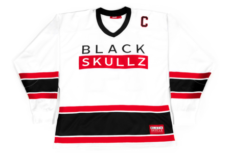 mens white hockey jersey with black and red stripes and logo