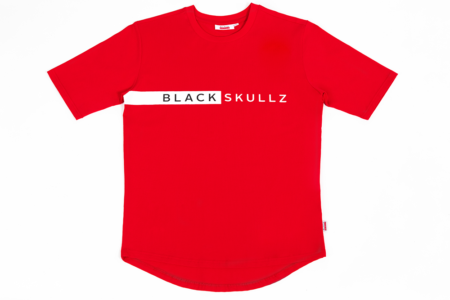 red mens t shirt with blackskullz logo