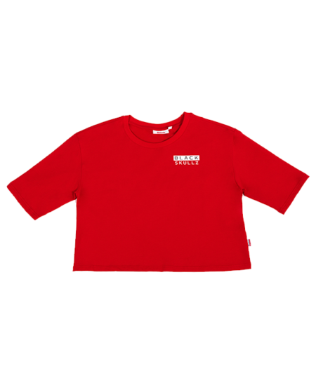 blackskullz logo on womens red cropped tshirt