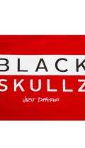 close up of blackskullz logo on womens red cropped tshirt