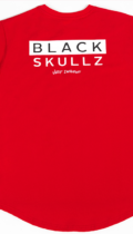 blackskullz logo on back of red tshirt