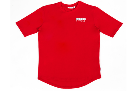 mens red tshirt with blackskullz logo on left breast