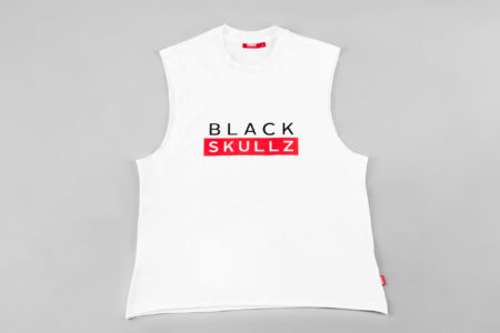 white crew neck tank with black skullz logo