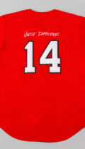 back view of red baseball jersey with embroidered number 14 and just different in white and black