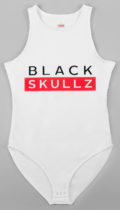 white womens high neck tank body suit with black skullz logo