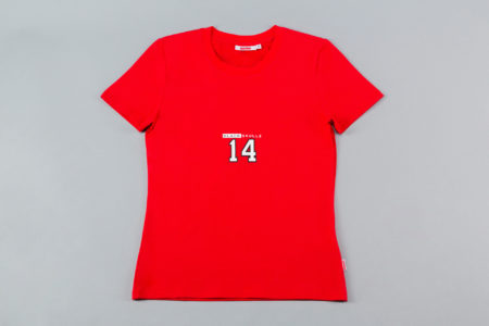 red tshirt with black skullz logo and number 14