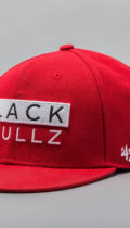 red fitted hat with embroidered black skullz logo and number 47